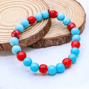 Turquoise Gemstone & Red Coral Bracelet, Stretch Bracelet, Coral Plain Round Beaded Gemstone Bracelet, Personalization Day Gift