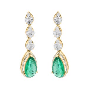 18k Yellow / Rose /White Gold Green Emerald Dangle Earring, Cluster Diamond Earring, Diamond Dangle Earring, Birthday Gift