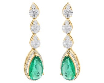 18k Gold Emerald Dangle Earrings: Diamond Cluster, Pear Cut