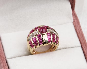 18k geelgouden robijnen baguette diamanten ring