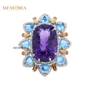 Natural Amethyst Ring, Multi Gemstone Ring, Cluster Amethyst Ring, Vintage Blue Topaz Ring, Citrine Ring, Bohemian Amethyst Ring For Women