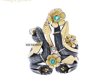 Emerald Flower Ring:  925 Sterling Silver