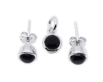 Conjunto de joyas de plata de ley 925 con ónix negro: pendientes y colgante redondos.