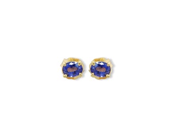 Blue Sapphire Earrings- Oval Blue Stud Earring- Minimal Gold Studs- Personalized Jewelry- Natural stone stud- Celestial Earrings For Girls