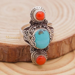 Natural Turquoise Ring, 925 Sterling Silver Ring, Coral Turquoise Ring, Vintage Turquoise Ring, Large Turquoise Ring, Anniversary Day Gift