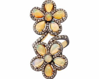 Flower Opal Diamond Ring : 925 Sterling Silver