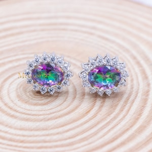 Mystic Topaz Silver Stud Earrings, Mystic Topaz Earrings, Flower Mystic Topaz Studs, CZ Silver Studs, 925 Sterling Silver Studs For Women