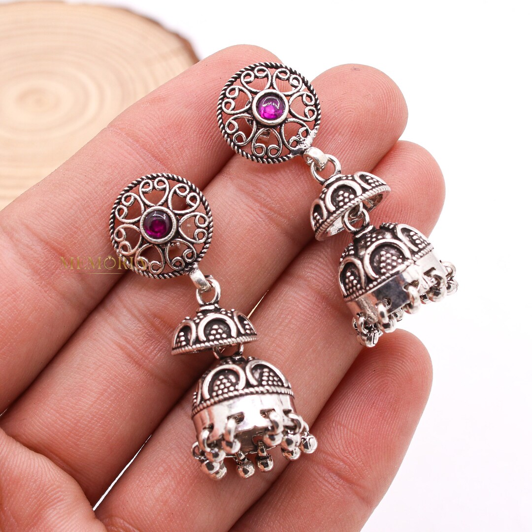 Oxidized Sterling Silver Jhumka Earring: Antique Style Dangle, 925