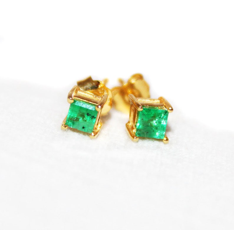 9K Gold Emerald Earrings Emerald Stud Earrings Square Etsy