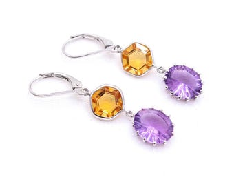Collier Et Boucles D’oreilles Fait Main – Citrine, Améthyste Et Argent 925 – Neuf Avec étiquettes