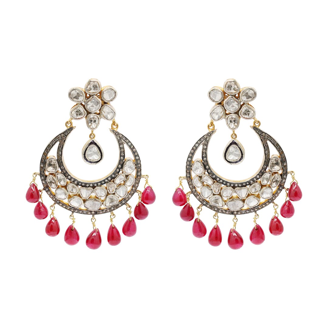 Ruby & Polki Diamond Long Chandbali Earrings, 925 Silver Designer Polki