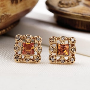 Yellow Sapphire Diamond Earring Stud, 14k Yellow Gold Diamond, Sapphire Stud Earring, Women&#39;s Earring, Wedding Earring, Birthday Gift