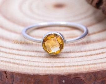 Citrine Gemstone Solid 925 Sterling Silver Faceted Cut Round Gemstone Ring- Handmade Silver Ring- Women Gift Ring- Gift- Anniversary Gift