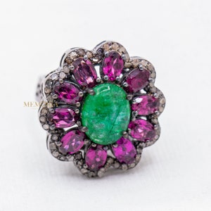 Natural Rhodolite Garnet Emerald Ring, 925 Sterling Silver Ring, Vintage Diamond Emerald Ring, Engagement Silver Ring, Birthday Gift