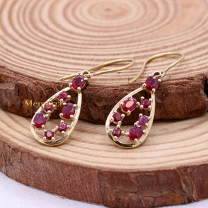 Red Ruby Oval Faceted Earring, 14k Yellow Gold, Ruby Gemstone Dangle Earring, Stacking Dangle Earring, Personalization Gift