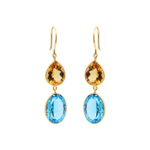 18K Yellow Gold, Citrine and Blue Topaz Statement Earring, Golden Citrine Earring, Yellow and Blue Gemstone Earring, Birthday Gift