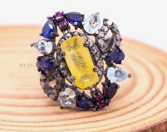 マルチジェムストーンダイヤモンドリング：925スターリングシルバー