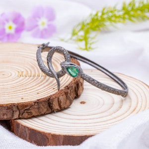 Designer Snake Bracelet, Hand-Crafted Emerald & Diamond Serpent Bracelet, Ottoman Snake Bracelet, Natural Gemstone Jewelry, Viking Bracelets
