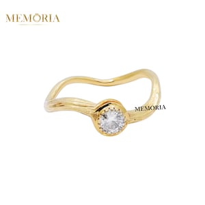 18k Yellow Gold Deep Curved Stacking Diamond Ring, Diamond Curved Ring, Wavy Nesting Ring For Solitaire Engagement, Birthday Gift