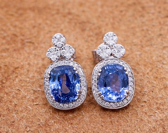 Blue Sapphire Diamond Stud Earring : 18k White Gold