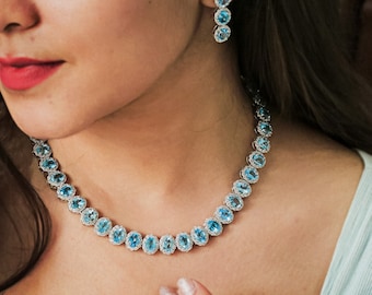 アクセサリーその他 EERA Woman Jewel Blue CHEB27 BLUE Blue Lab Sapphire & Diamond Rhodium Over Brass Necklace