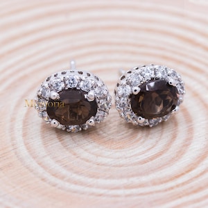 Smoky Quartz Stud Earrings, 925 Sterling Silver Stud Earrings, Cubic Zircon Stud Earrings, Smokey Quartz Silver Stud, Valentine Gift