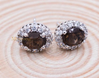 Smoky Quartz Gemstone CZ Earring : 925 Sterling Silver