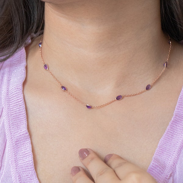 Purple Amethyst Necklace, Tiny Amethyst Necklace, Silver Chain Necklace, Purple Gemstone, Charm Necklace,  Easter Day Gifts