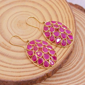 Red Ruby Gold Earrings, 18k Yellow Gold Ruby Earrings, Ruby Gold Earrings, Unique Dangle Drop Earrings, Statement Earrings for Women, Gifts
