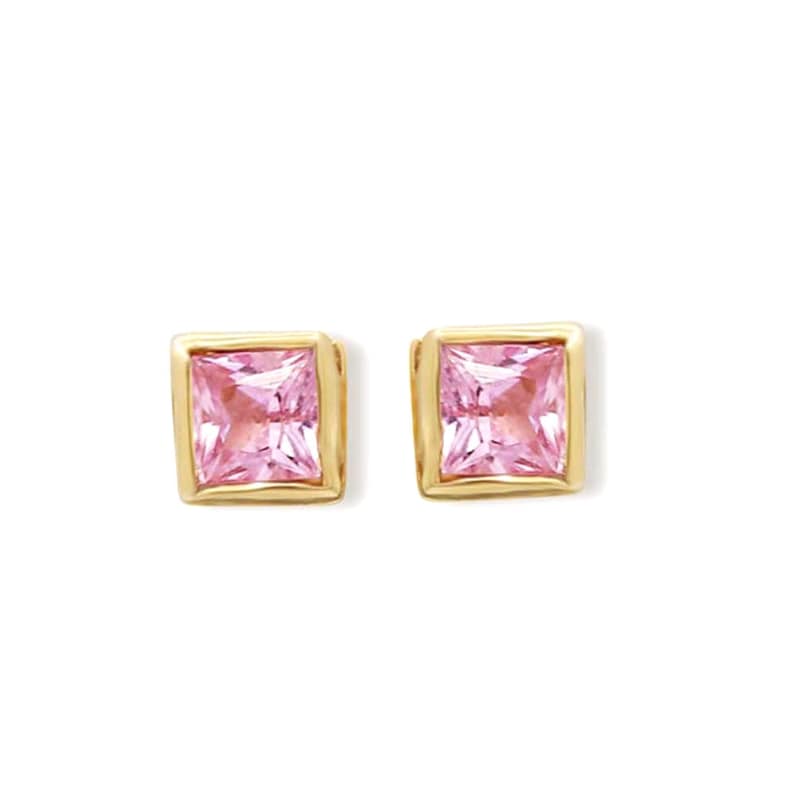 Two square gold stud earrings featuring faceted light pink gemstones against a white background.