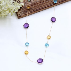 18k Yellow Gold Station Necklace, Gold Chain Necklace, Charm Necklace, Blue Topaz Necklace, Amethyst Citrine Necklace Birthday Gift