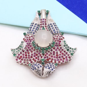 Silver Emerald & Ruby Sapphire Moonstone Pendant Brooch, Fine Quality Gemstone Jewelry Brooch, 925 Sterling Silver Brooch Pendant Gift