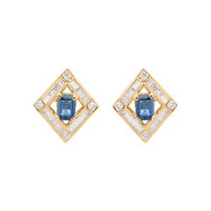 Blue Sapphire Stud Earring, Boho Blue Sapphire Stud, 18k Yellow / White Gold Stud, Diamond Gold Stud, Bohemian Sapphire Stud Birthday Gift