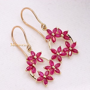 Flower Ruby Gemstone Earrings, 14k Gold Earring, Dangle Drop Earrings, Handmade Jewelry, Statement Flower Earrings for Women, Gift for Her