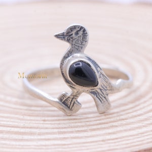 925 Sterling Silver Bird Ring, Black Onyx Gemstone Ring, Vintage Bird Silver Ring, Handmade Boho Onyx Ring Natural Inspired Bird Silver Ring