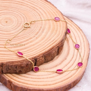 Ruby Gold Bracelet, Red Ruby Bracelet, Ruby Station Bracelet, Ruby Gemstone Bracelet, 18k Gold Ruby Bracelet, Valentine Gift