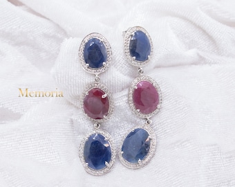 Blue Sapphire & Ruby Sterling Silver Dangle Earring