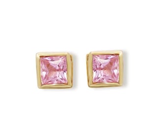 Pink Sapphire Square Faceted Gemstone Earring, Minimalist Sapphire Stud, 9k Yellow Gold Stud Earring, Personalization Gift