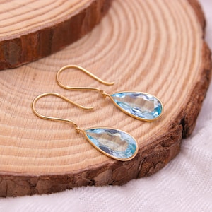 Blue Topaz Earrings, Tear Drop Blue Topaz Earrings, Blue Topaz Dangle Earring, 18k Yellow Gold Earring, Stacking Earring, Birthday Gifts