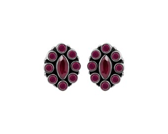 Pendientes de botón artesanales estilo boho rubí de plata de ley 925