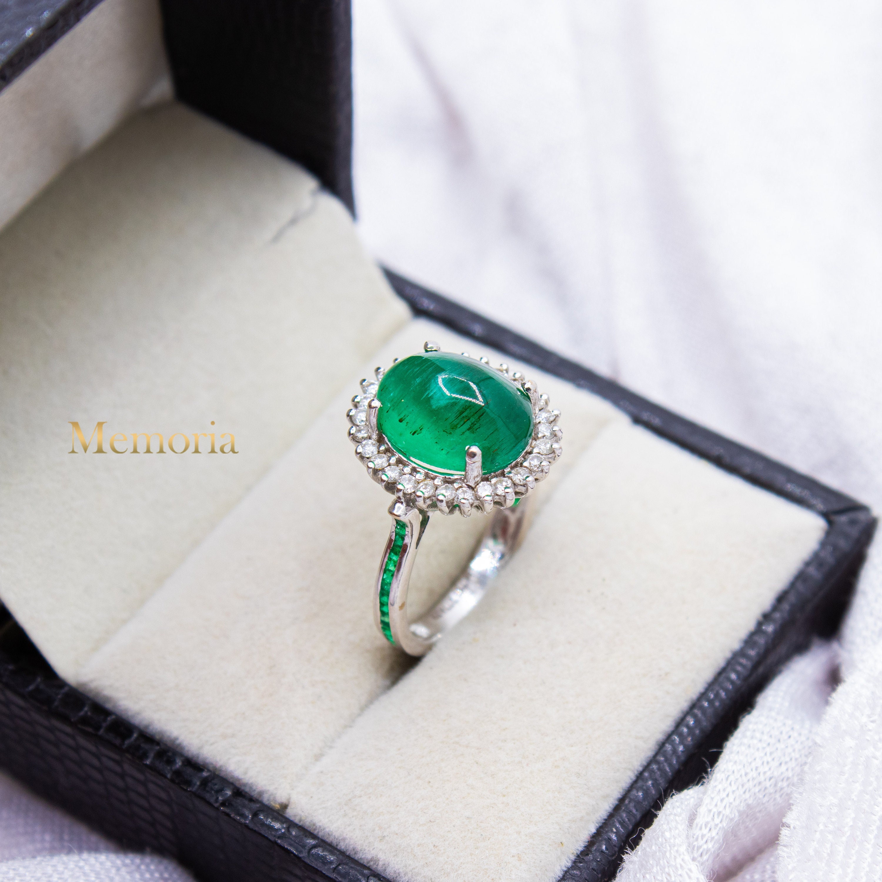 Green Emerald Diamond Ring, 18k White Gold Ring, Halo Diamond Ring, Half Eternity Emerald Ring, May Birthstone Ring, Statement Ring