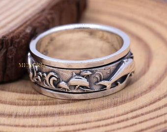 Handmade 925 Sterling Silver Band, Engraved Dolphin Design Ring, Sea Life Inspired Wide Band Ring, Birthday Gift, Birthday Gift