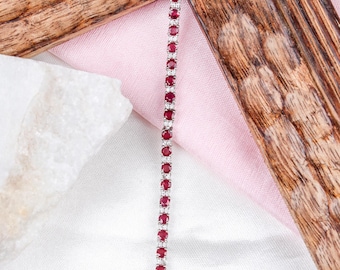 Ruby Gemstone Tennis CZ Bracelet : 925 Sterling Silver