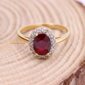 14k Yellow Gold Ruby Ring, Ruby Halo Ring, Diamond Ruby Ring, Unique Ruby Ring, Wedding Anniversary Ring, Ruby Birthday Gift
