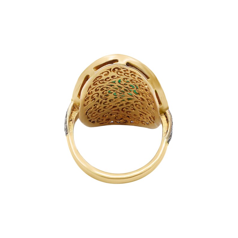 May include: A gold ring with a green stone set in a filigree design. The ring is set with small diamonds around the band.
