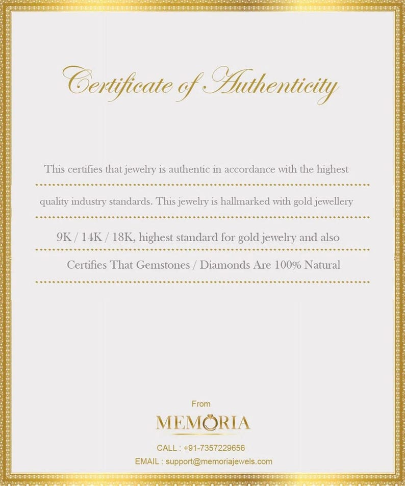 Certificate of authenticity document with a decorative gold border and text detailing jewelry standards.