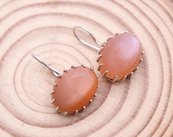 Peach Moonstone Dangle Earring : 925 Sterling Silver