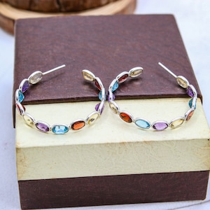 Multi Gemstone Hoop Earrings, Colorful Gemstone Hoop Earrings, 925 Silver Hoop Earrings, Boho Hoop Silver Earrings, Valentine Gift
