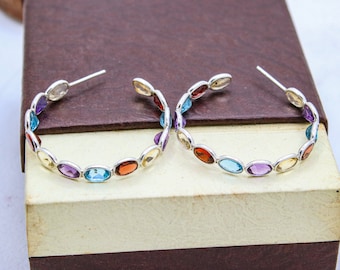 Multi Gemstone Hoop Earrings, Colorful Gemstone Hoop Earrings, 925 Silver Hoop Earrings, Boho Hoop Silver Earrings, Valentine Gift