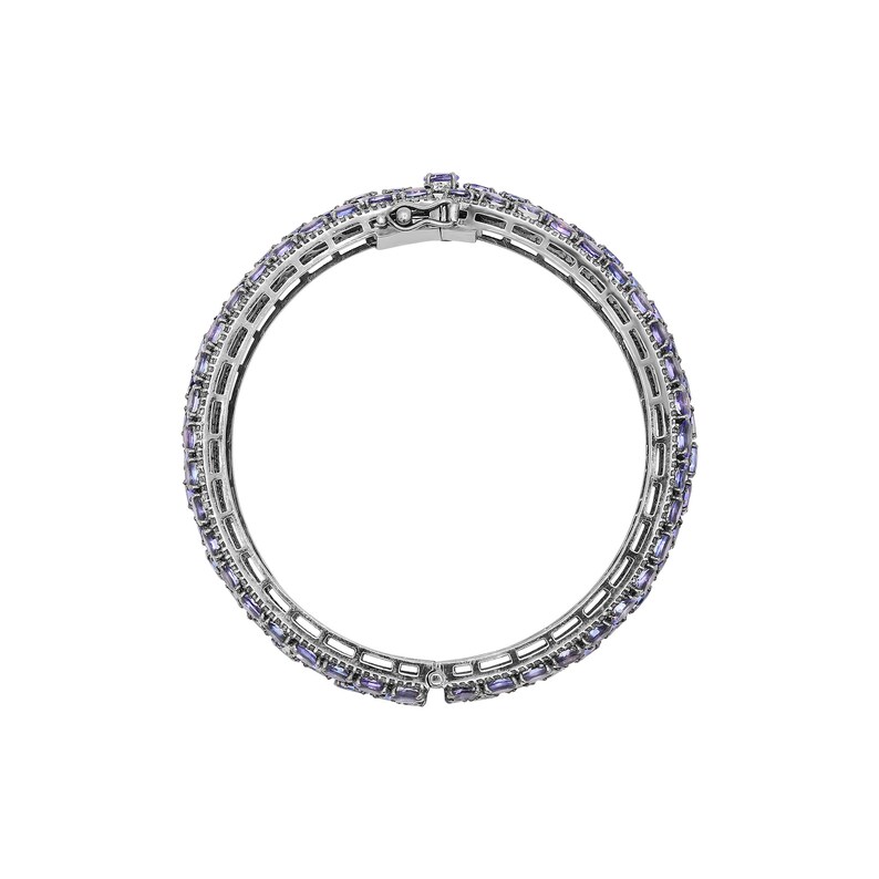 May include: A silver bangle bracelet with a row of light purple rectangular stones.